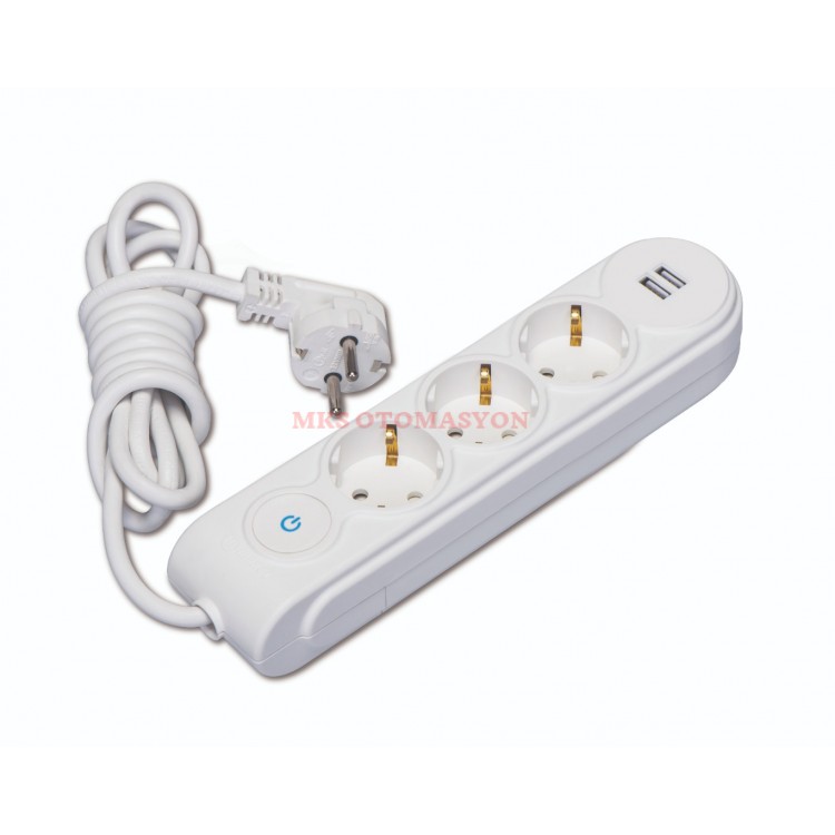 Makel - USB’ li Anahtarlı Üçlü Grup Priz 2 Metre Kablolu