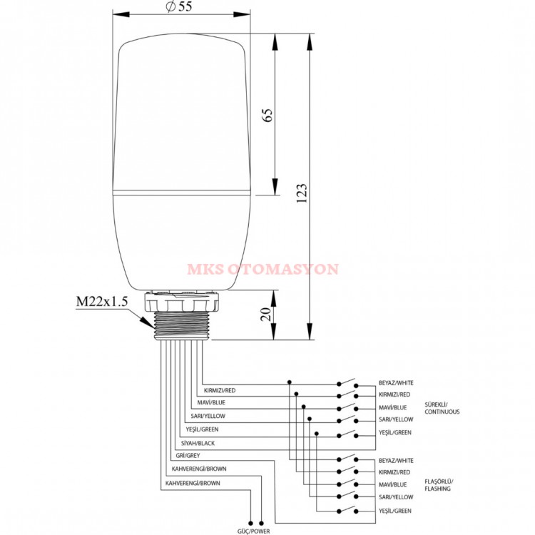 Emas - IF Serisi Çok Renkli 24V DC Buzzerlı Sabit Tepe Lambası