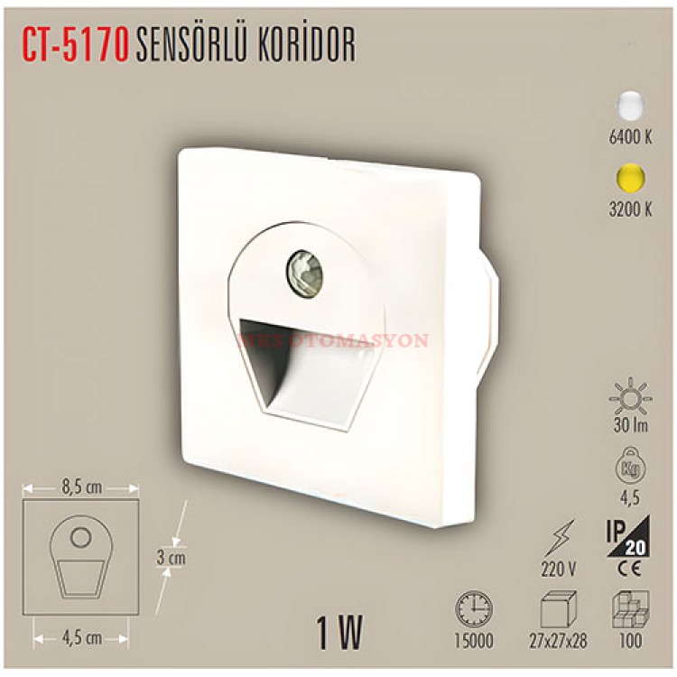 Cata Ct-5170 Beyaz Kasa 1w Sensörlü Ledli Koridor Armatürü Günışığı