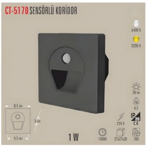 Cata Ct-5170 Siyah Kasa 1w Sensörlü Ledli Koridor Armatür Günışığı