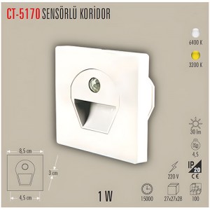 Cata Ct-5170 Beyaz Kasa 1w Sensörlü Ledli Koridor Armatürü Beyaz