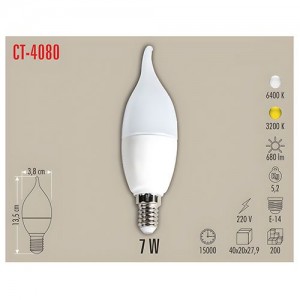 Cata CT-4080 7W LED Kıvrık Buji Ampul - Günışığı (3200K) - E14 İnce Duy Dekoratif Avize Ampulü